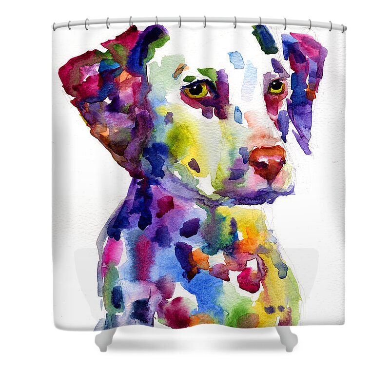 Dalmatian Shower Curtain featuring the painting Colorful Dalmatian puppy dog portrait art by Svetlana Novikova