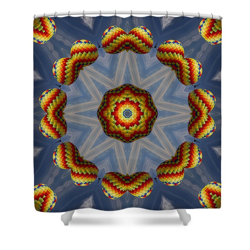 Hot Air Balloons Shower Curtain featuring the photograph Colorful Hot Air Balloon Kaleido by Kathy Clark