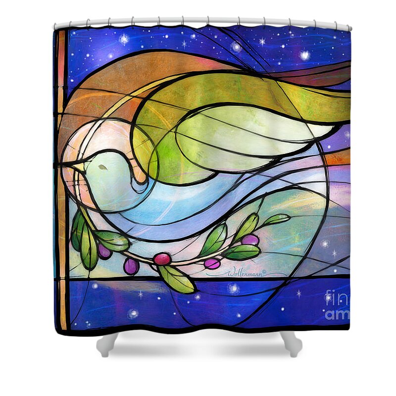 Stained Shower Curtain featuring the digital art Colorful PEACE Dove by Randy Wollenmann