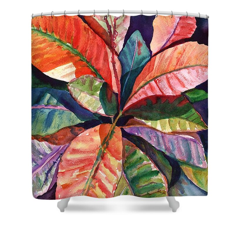 Tropical Leaves Shower Curtain featuring the painting Colorful Tropical Leaves 1 by Marionette Taboniar