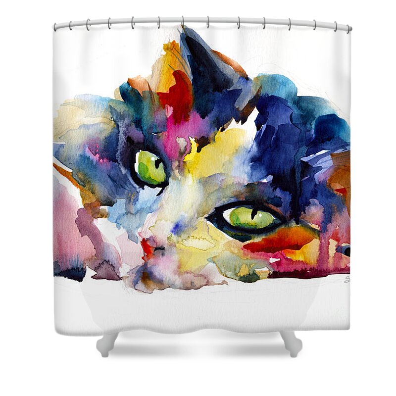 Tubby Cat Shower Curtain featuring the painting Colorful Tubby cat painting by Svetlana Novikova