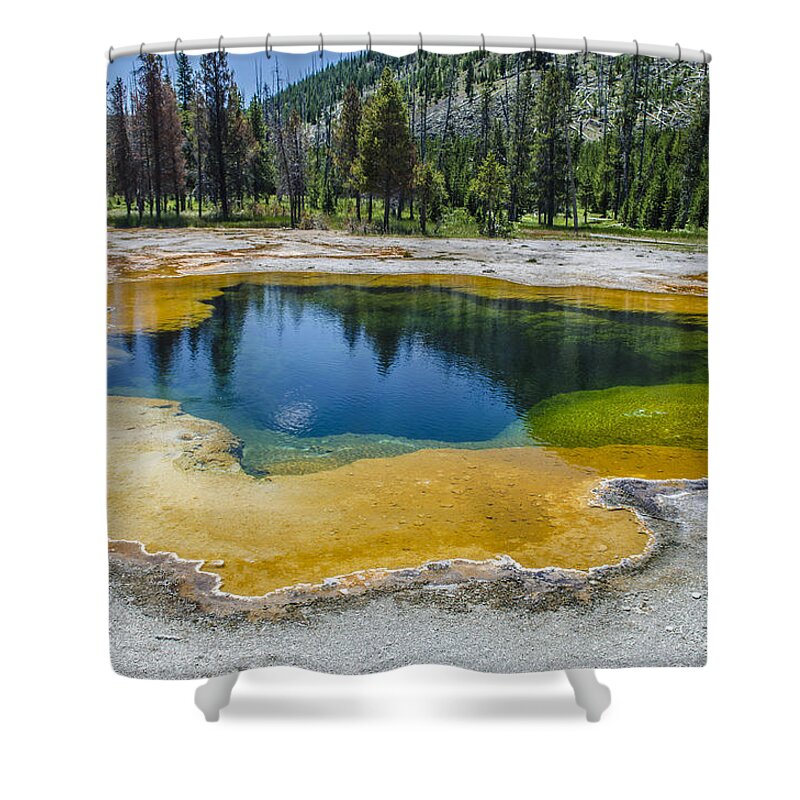 This Was My First Trip To Yellowstone With The Family In The Summer Of 2013 And It Was One Of The Most Magical Trips I've Ever Taken. I Was In Awe Of The Majesty Of Nature And The Amazing Colors Everywhere You Looked. This Reminded Me Of Something Out Of A Fantasy Children's Movie. So Beautiful. Shower Curtain featuring the photograph Colors of Yellowstone by Spencer Hughes