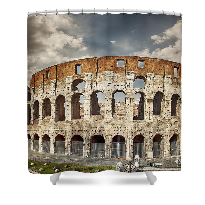 Rome; Colosseum; Italy; Roman; Ancient; Famous; Architecture; Landmark; Roma; Europe; History; Old; Stone; Building; Italian; Ruin; Monument; Amphitheater; Stadium; Arena; Sky; Gladiators; Travel; Historic; Forum; Historical; European; Tourism; Day; Exterior; Arc; City; Sunset; Arch; Grass; Cityscape; Column; Amphitheatre; Destination; Site; Archaeology; Round; Ruins; View; Outdoor; Colonnade; Attraction; Clouds; Photography Shower Curtain featuring the photograph Colosseum Rome by Sophie McAulay
