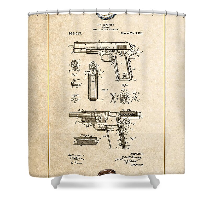 C7 Vintage Patents Weapons And Firearms Shower Curtain featuring the digital art Colt 1911 by John M. Browning - Vintage Patent Document by Serge Averbukh