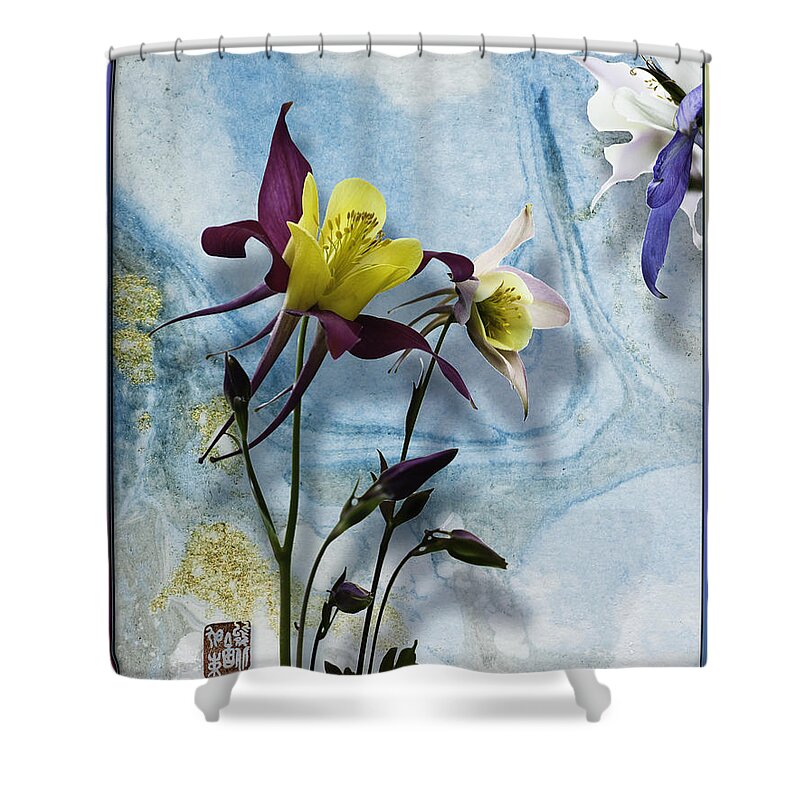 Ink Pigments On Rice Paper Shower Curtain featuring the mixed media Columbine blossom with suminagashi ink by Peter V Quenter