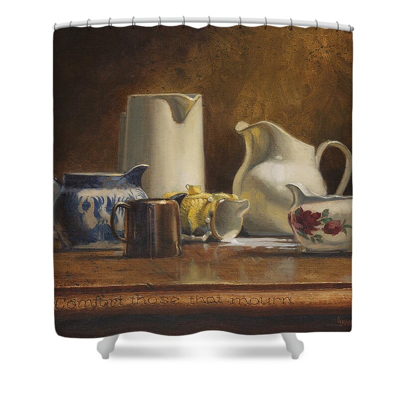 Humorous Shower Curtain featuring the painting Comfort those that Mourn by Graham Braddock