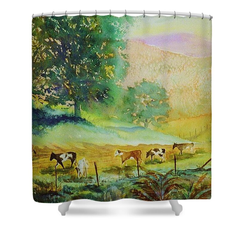 Country Landscape Shower Curtain featuring the painting Comin' Home by Marilyn Smith