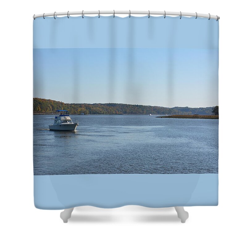 Hudson River With Boat Coming Ashore Shower Curtain featuring the photograph Coming ashore by Kenneth Cole