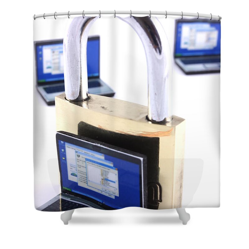 Unlocked Shower Curtain featuring the photograph Computer security concept by Simon Bratt