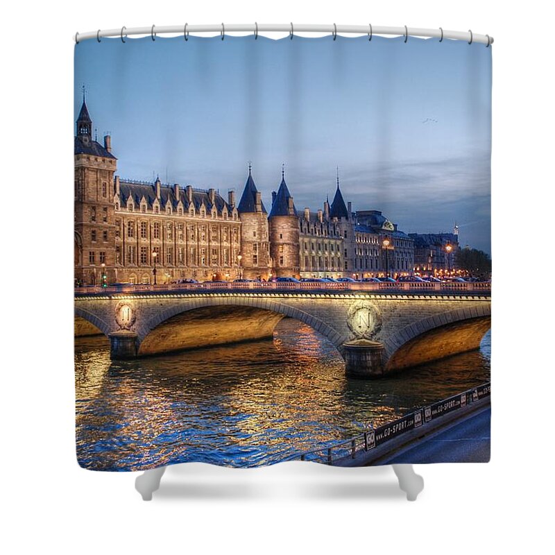 Conciergerie Shower Curtain featuring the photograph Conciergerie and Pont Napoleon at Twilight by Jennifer Ancker