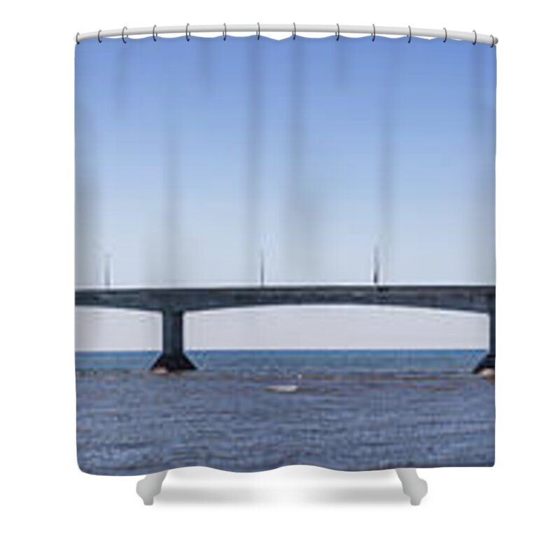 Bridge Shower Curtain featuring the photograph Confederation Bridge panorama 3 by Elena Elisseeva