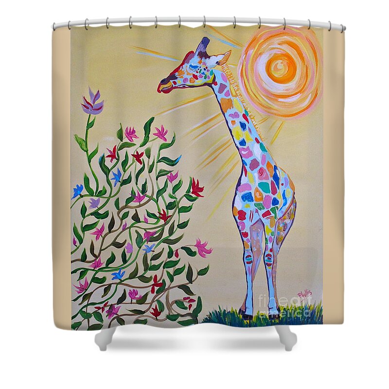 Grass Shower Curtain featuring the painting Confused Giraffe by Phyllis Kaltenbach