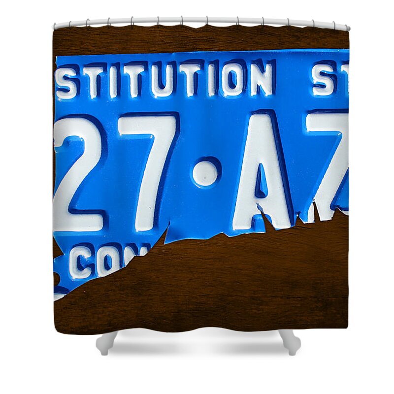 Connecticut Shower Curtain featuring the mixed media Connecticut State License Plate Map by Design Turnpike