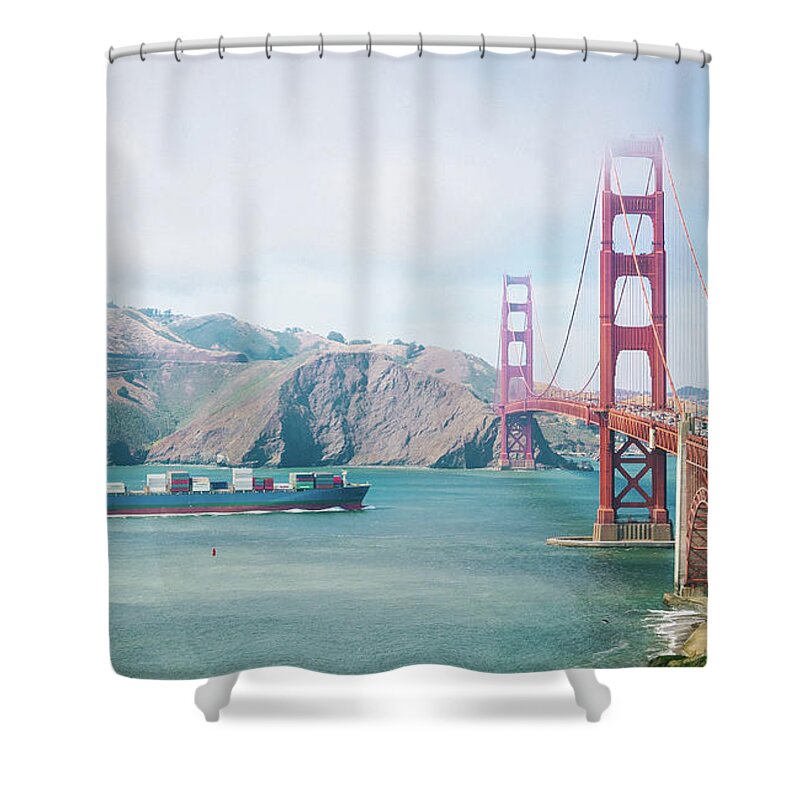 Freight Transportation Shower Curtain featuring the photograph Container Ship Approaching The Golden by Miemo Penttinen - Miemo.net
