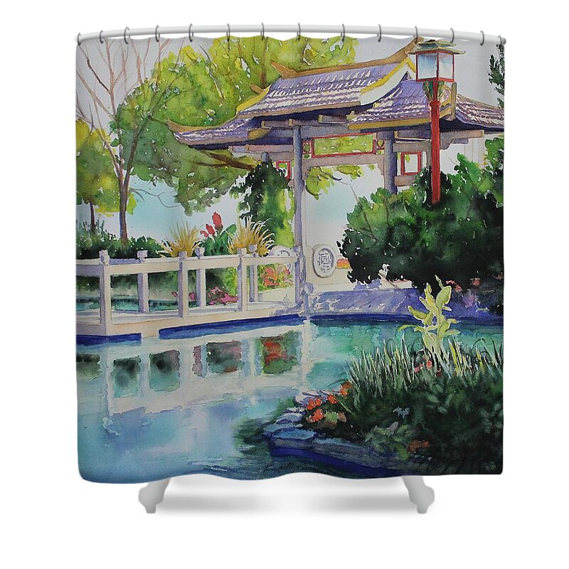 Chinese Pagoda Shower Curtain featuring the painting Contemplation Garden by Ruth Kamenev