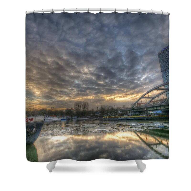 Architecture Shower Curtain featuring the digital art Cool harbor by Nathan Wright