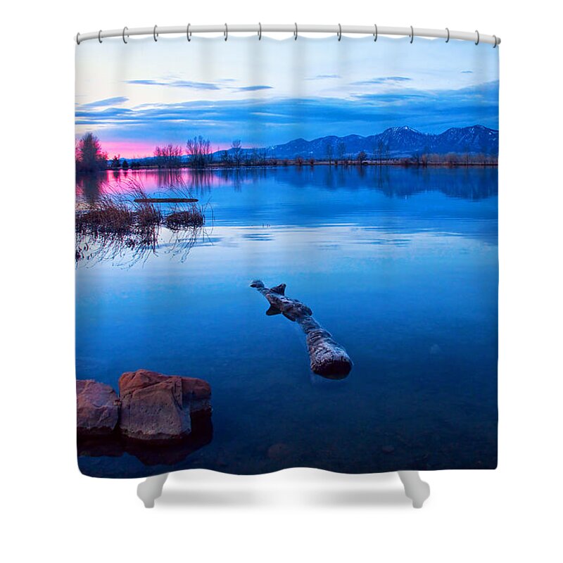 Coot Lake Shower Curtain featuring the photograph Coot Lake Boulder Flatiron Early Morning View by James BO Insogna