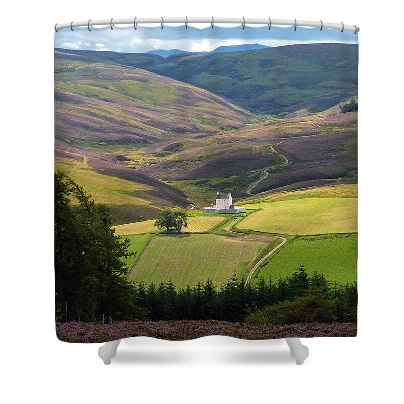 Corgarff Castle Shower Curtain featuring the photograph Corgarff Castle - Heather Hills by Phil Banks