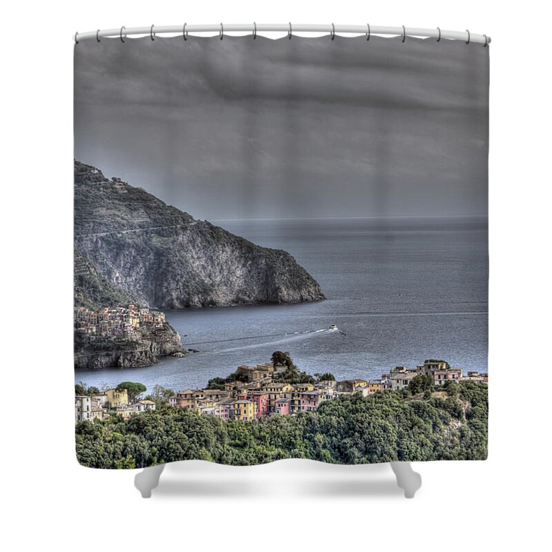 Europe Shower Curtain featuring the photograph Corniglia and Manarola by the Sea by Matt Swinden