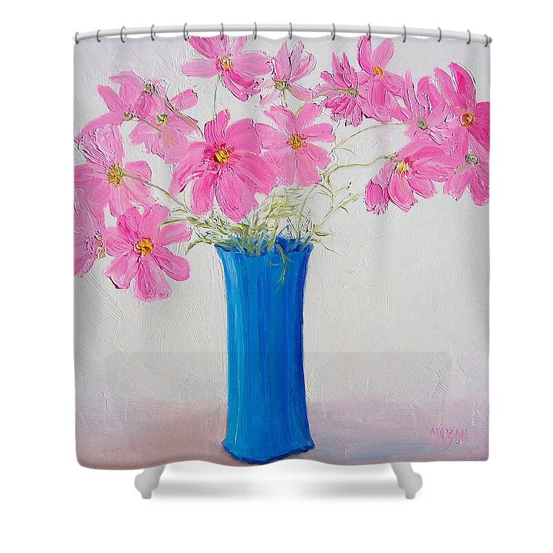 Cosmos Flowers Shower Curtain featuring the painting Cosmos flowers by Jan Matson