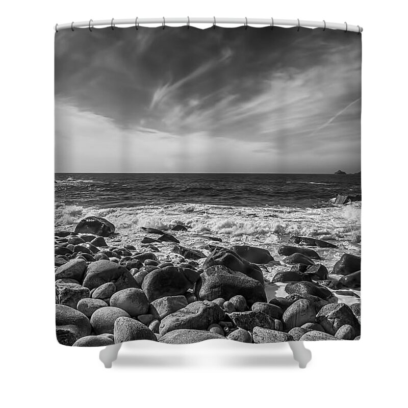 Cornwall Canvas Shower Curtain featuring the photograph Cot Valley Porth Nanven 4 Black and White by Chris Thaxter