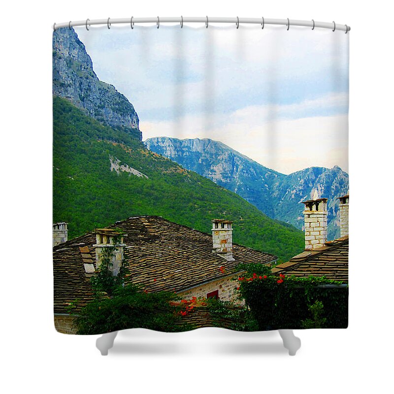 Alexandros Daskalakis Shower Curtain featuring the photograph Cottages and Mountains by Alexandros Daskalakis