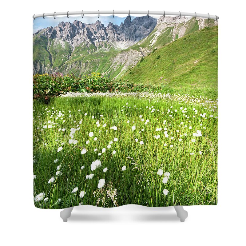 Scenics Shower Curtain featuring the photograph Cotton Grass In A Meadow, Allgäuer Alps by Ingmar Wesemann