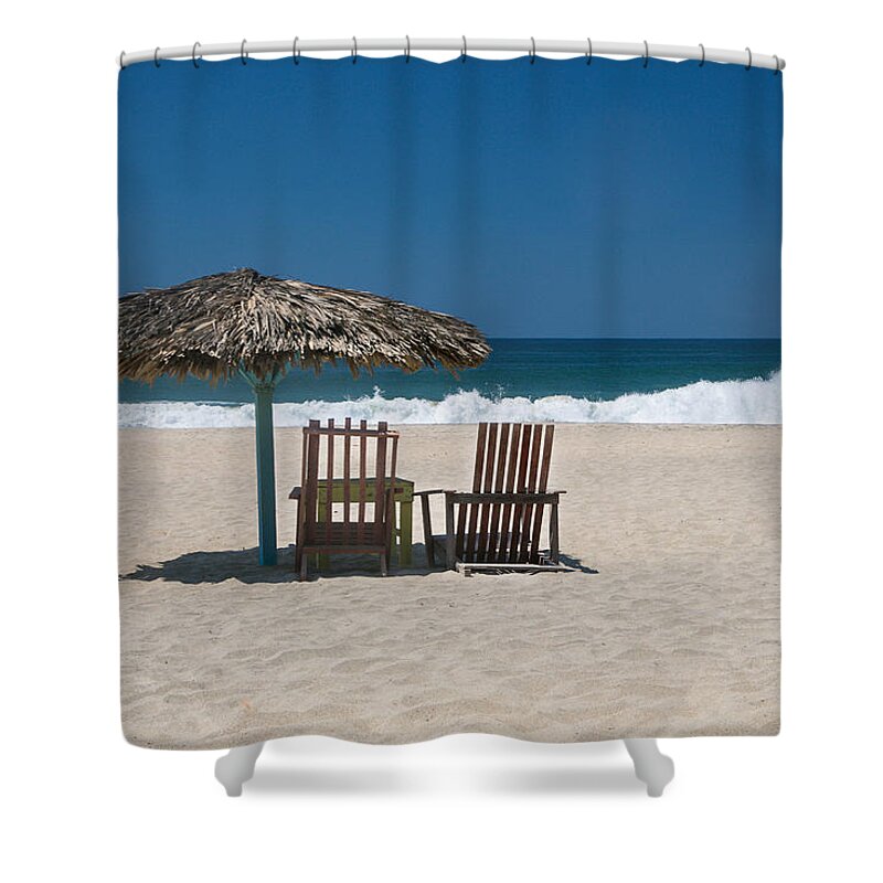 Beach Shower Curtain featuring the photograph Couple in the Shade by Jurgen Lorenzen