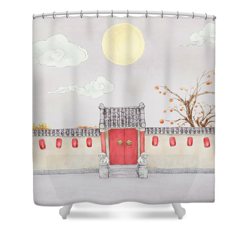 Chinese Culture Shower Curtain featuring the digital art Courtyard Under The Full Moon by Bji / Blue Jean Images