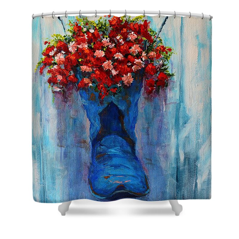 Art Shower Curtain featuring the painting Cowboy Boot Unusual Pot Series by Patricia Awapara