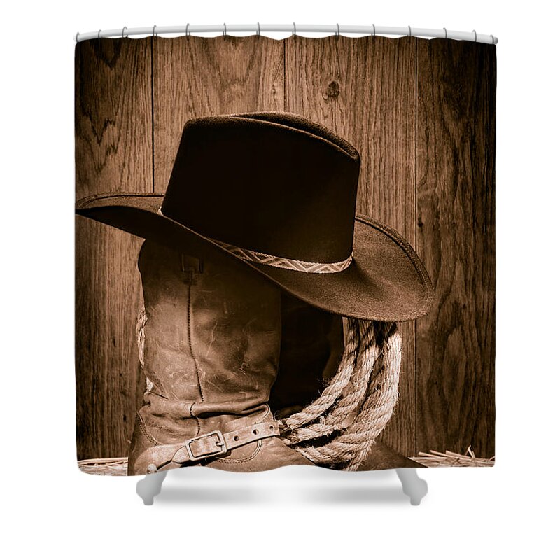 Boots Shower Curtain featuring the photograph Cowboy Hat and Boots by Olivier Le Queinec