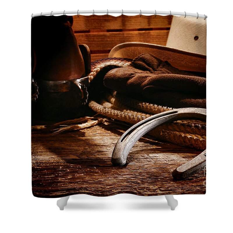 Western Shower Curtain featuring the photograph Cowboy Horseshoe by Olivier Le Queinec