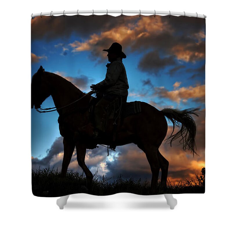 Sunset Shower Curtain featuring the photograph Cowboy Silhouette by Ken Smith
