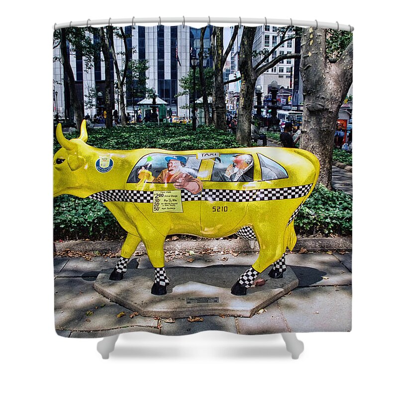 Taxi Cow Shower Curtain featuring the photograph Cow Parade N Y C 2000 - Taxi Cow by Allen Beatty