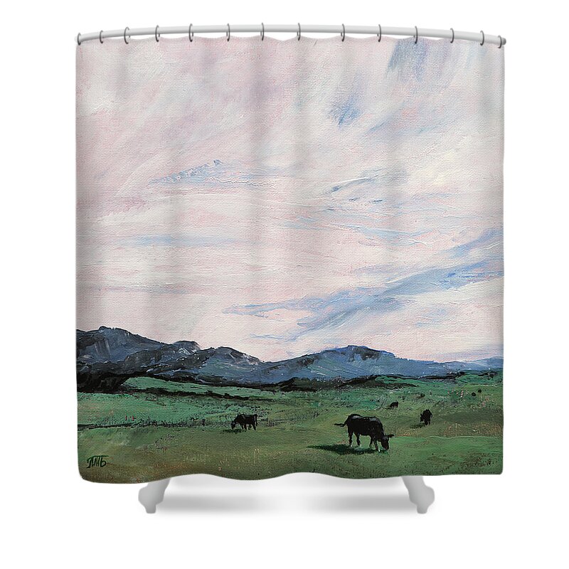 Meadow Shower Curtain featuring the painting Cows In the Meadow by Masha Batkova