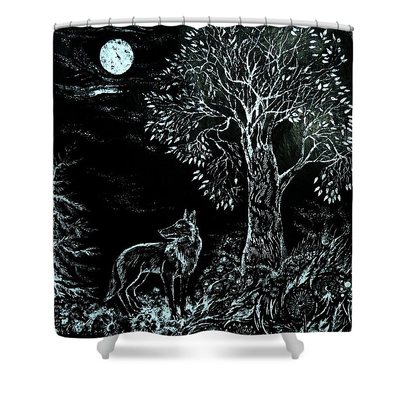 Black And White Shower Curtain featuring the drawing Coyote Night by Anna Duyunova