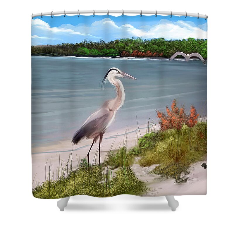 Anthony Fishburne Shower Curtain featuring the digital art Crane by the sea shore by Anthony Fishburne