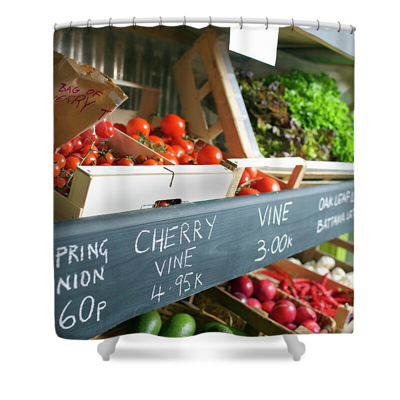 Shelf Shower Curtain featuring the photograph Crates Of Produce For Sale by Frank Van Delft