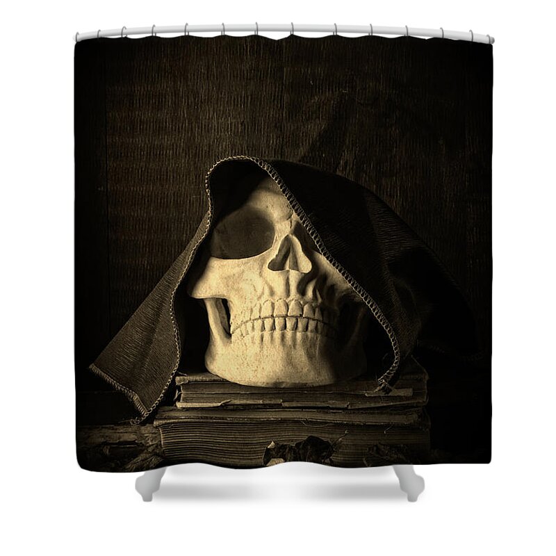 Halloween Shower Curtain featuring the photograph Creepy Hooded Skull by Edward Fielding