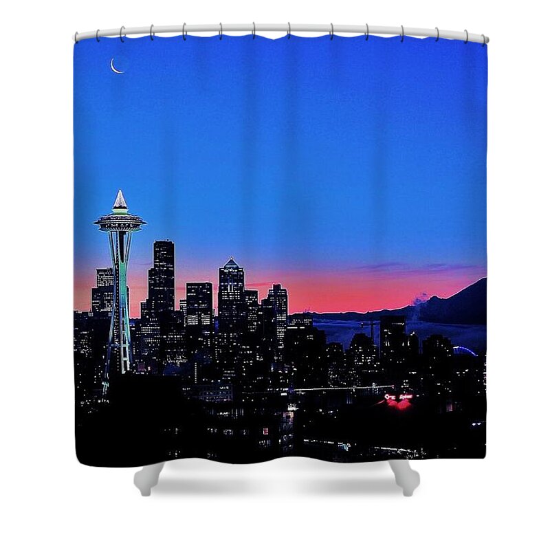Seattle Shower Curtain featuring the photograph Crescent Moon Over Seattle by Benjamin Yeager