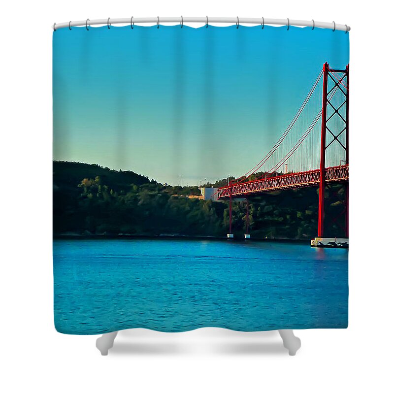 Lisbon Shower Curtain featuring the photograph Cristo Rei and the 25 de Abril Bridge by Mitchell R Grosky