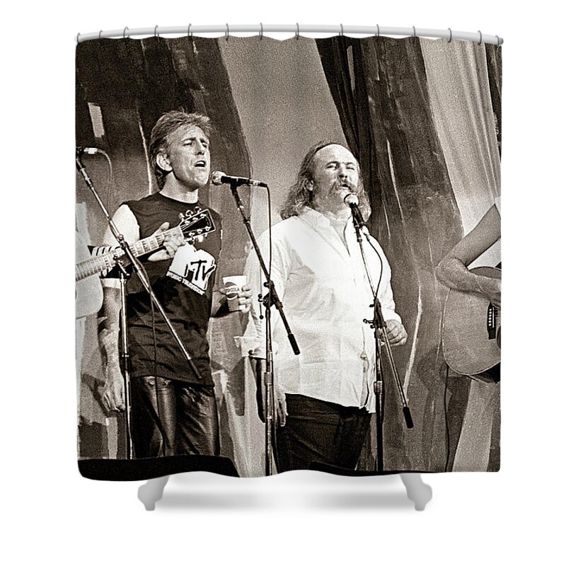 Crosby Shower Curtain featuring the photograph Crosby Stills Nash and Young 1985 by Chuck Spang