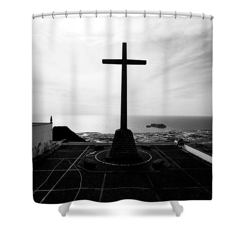 America Shower Curtain featuring the photograph Cross Atop Old Chapel In Village by Joseph Amaral