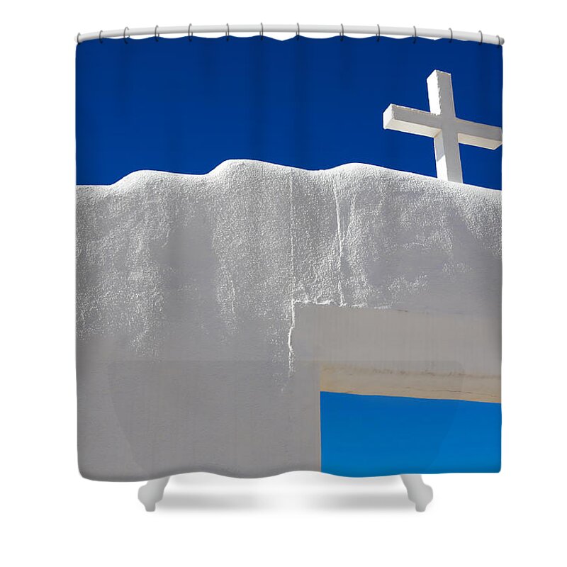 New Mexico Shower Curtain featuring the photograph Cross on White Church by Marilyn Hunt