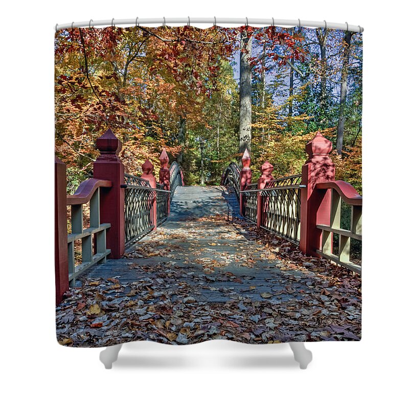 William & Mary Shower Curtain featuring the photograph Crossing the Crim Dell Bridge II by Jerry Gammon