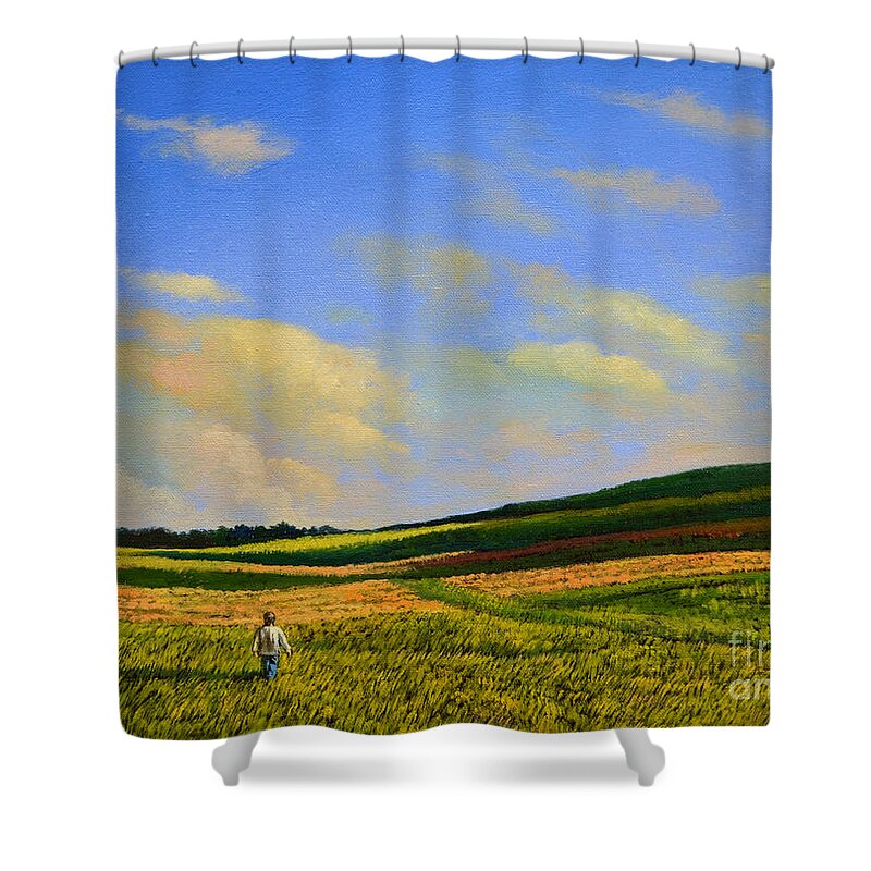 Farm Shower Curtain featuring the painting Crossing the field by Christopher Shellhammer
