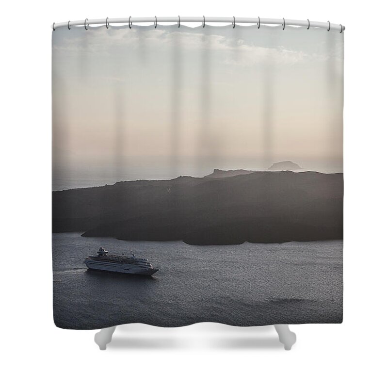 Cruise Ship Shower Curtain featuring the photograph Cruise Ship At Santorini, Greece by Tim Martin