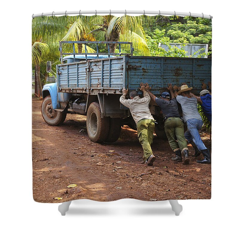  Green Shower Curtain featuring the photograph Cuban Organic Farmers by Brian Kamprath
