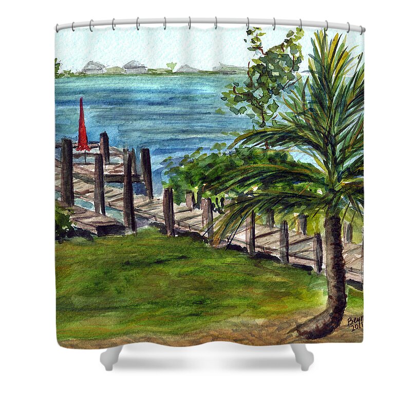Dock Shower Curtain featuring the painting Cudjoe dock by Clara Sue Beym