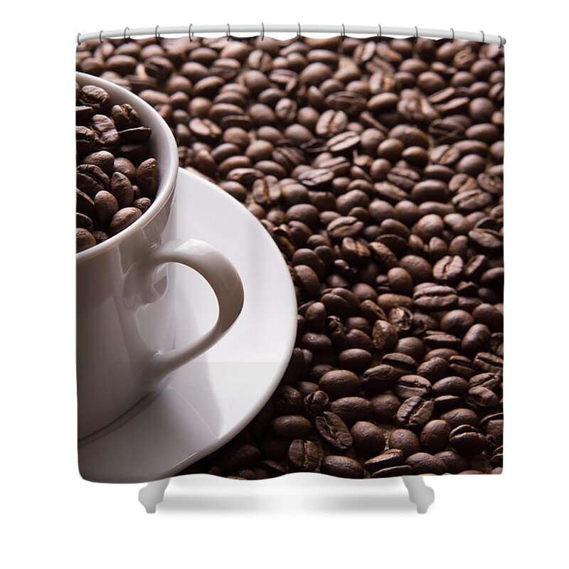 Barnsley Shower Curtain featuring the photograph Cup And Coffee Beans by Derek Northrop